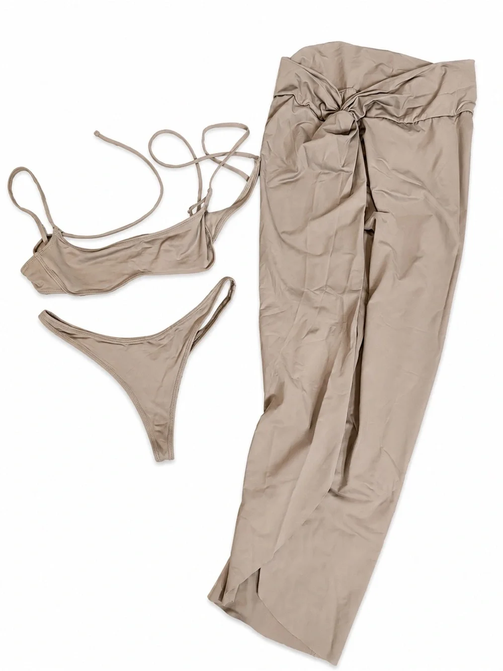 SKIMS Taupe Women's Two-Piece Bikini Set w pull on bottom cover high slit